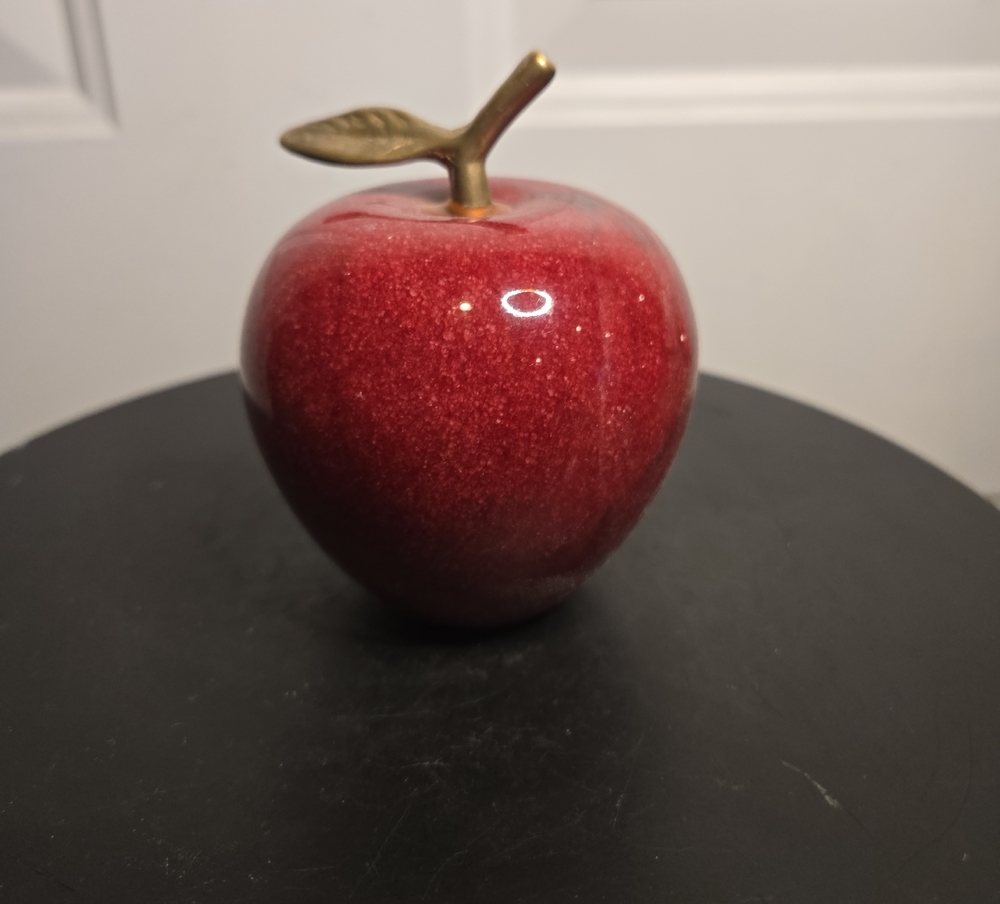 Vintage Marble Stone Alabaster Polished Red Apple Paperweight, Brass Leaf 3.5”